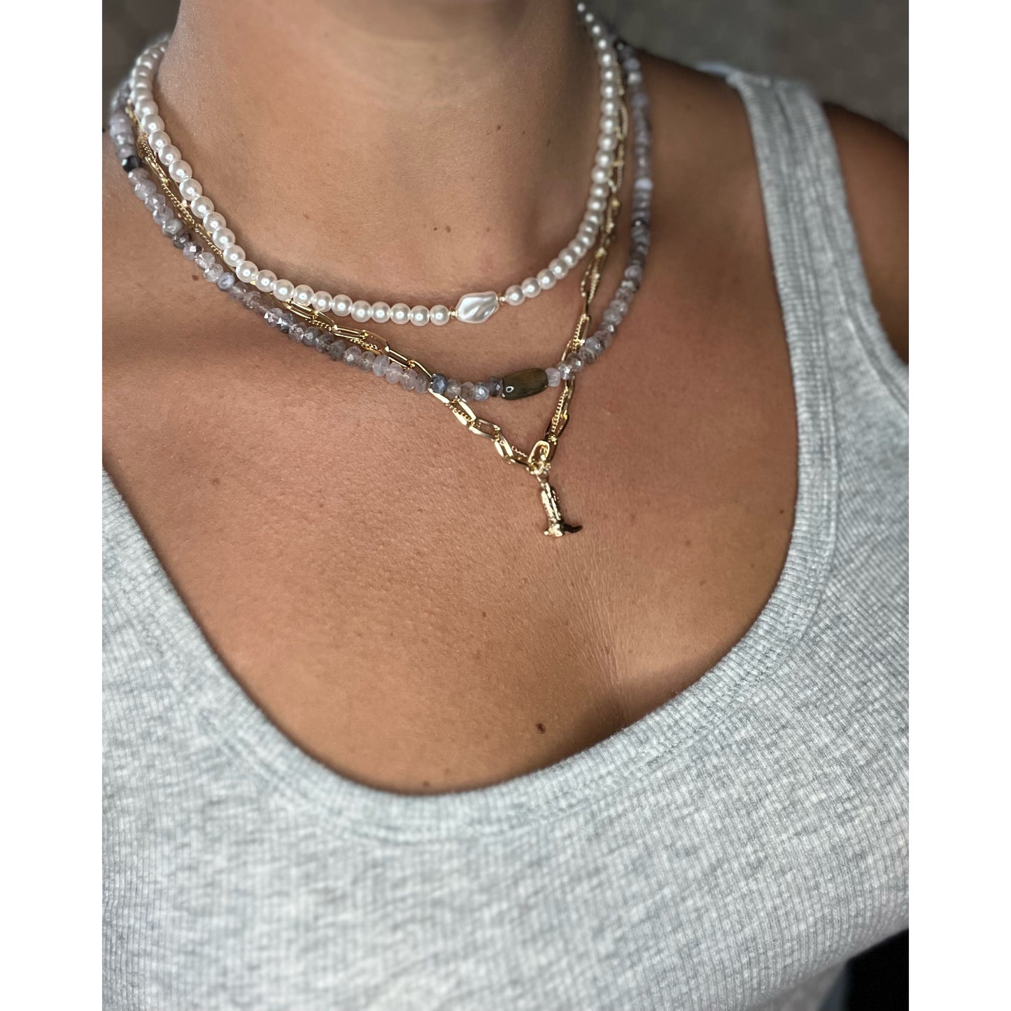 Pearl Layered Cowgirl Boot Necklace